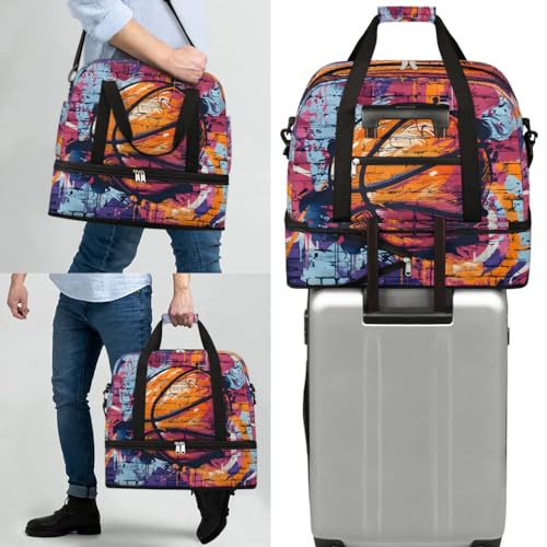 Travel Duffel Bag Basketball Graffiti Weekender Bag with Shoe Compartment Foldable Overnight Bags for Travel Sports Lightweight Gym Bags for Men Women - color: Basketball Graffiti