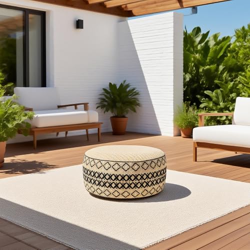 Outdoor Inflatable Ottoman with Air Pump, Embroidery Patio Footrest Stool D21”x H9”, Round Pouf Ottoman with Portable Handle Suitable for Garden, Camping, Bedroom, Living Room - color: Black Embroidery