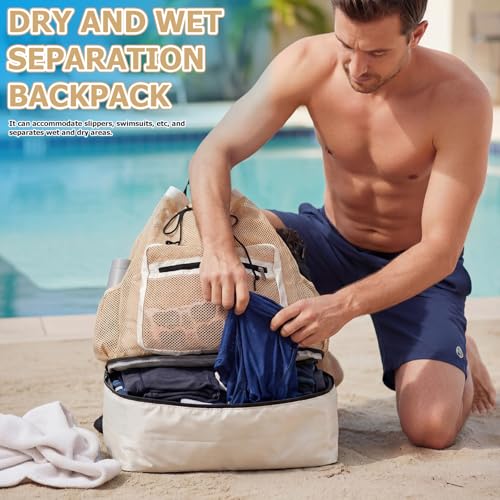 Mesh Beach Drawstring Backpack with Cooler Beach Bags Sandproof Swim Bags Leakproof with Zipper for Seaside Pool Travel - color: Khaki