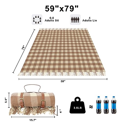 Picnic Blanket Extra Large Waterproof with Strap 59"x79" - Machine Washable Tassels Faux Wool Cashmere for Park, Grass, Camping, Hiking, Concerts (Latte with white shoulder strap, 59"X79") - color: Latte With White Shoulder Strap