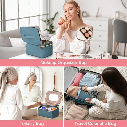 HXLGMD Large Makeup Bag with Mirror Double Layer Travel Make Up Organizer Case, Large Capacity Coemetic with Brush Slot Divider, Travel Toiletry Bag for Women (Lake Blue) - color: Lake Blue