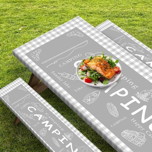 Picnic Table Cover with Bench Covers Elastic Edges, Grey Camper Fitted Table Cover, Outdoor Patio Camping Essentials 72 Inch 3PCS, Waterproof Camping Fitted Tablecloth with Drawstring Bag - color: Grey, size: 72in