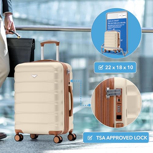 Flight Knight 22x18x10 Expandable Carry On Suitcase Hardside TSA Lock & USB C Port Lightweight Luggage Silent Double Spinner Wheels Maximum Spirit Overhead Carry-On Bag Airlines Approved Cream - color: Cream/Tan, size: 22x18x10"