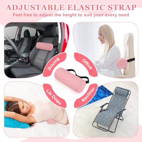 Wenqik 2 Pcs Lumbar Roll Support Pillow Low Back Lumbar Support Office Seat Cushion with Adjustable Strap and Washable Cover for Travel Gaming Chair Car Seat Pain Relief(Pink) - color: Pink