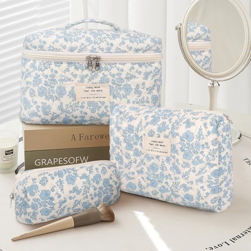 GISMTR 3Pcs Cotton Quilted Makeup Bag Large Travel Cosmetic Bag Coquette Makeup Pouch Cute Aesthetic Floral Toiletry Bag for Women Girls - color: flower-B
