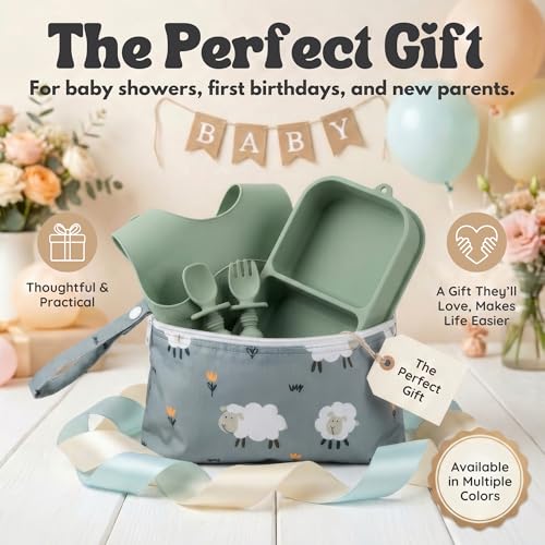 Baby Travel Essentials 6 Pc Silicone Feeding Set - Portable Toddler Plates with Suction, Baby Spoons & Foldable Bib in Carrying Case - BPA-Free Infant & Toddler Utensils for Airplanes & Eating Out - color: Green