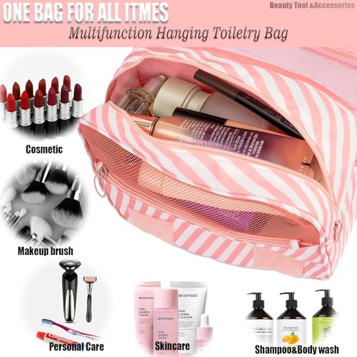 L&FY Hanging Travel Toiletry Bag Women's Cosmetic Organizer Makeup Pouch Men's Shaving Kits With Handle (Canvas Pink) - color: Canvas Pink, size: Compact Size