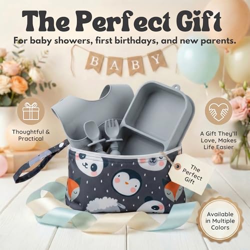 Baby Travel Essentials 6 Pc Silicone Feeding Set - Portable Toddler Plates with Suction, Baby Spoons & Foldable Bib in Carrying Case - BPA-Free Infant & Toddler Utensils for Airplanes & Eating Out - color: Gray