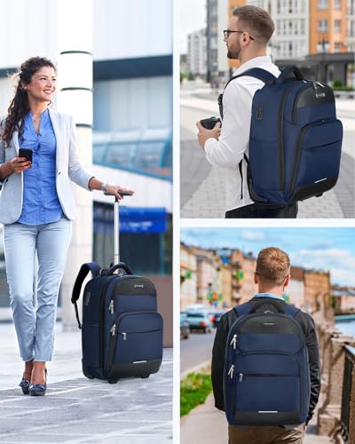 Ponhog Rolling Backpack, 30L Travel Laptop Backpack with Wheels, 15.6 Inch Personal Item Roller Luggage with USB Charging Port Flight Approved for Men Women Adults, Blue - color: Blue