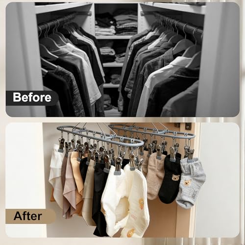 PHYDELU Drying Rack Clothing with 20 Clips,Sock Hanger for Drying,Hanging Clothes Dryer Underwear Hangers Racks Laundry Herb Socks Panty Wet Bra Lingerie Baby Delicates Foldable Small Indoor Metal - color: Dark Gray (20 Clips)