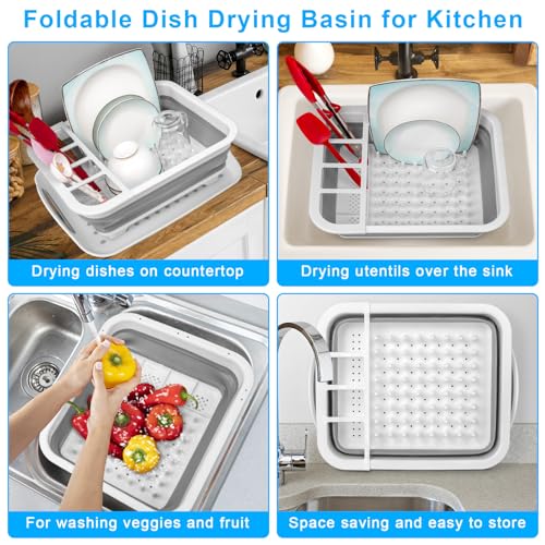 Collapsible Dish Drying Rack Portable Dish Drainers for Kitchen Counter with Drainboard, Kitchen Sink Organizer Basket RV Accessories Camper Storage and Organization Dish Rack Over Sink Drying Rack - style: With Tray