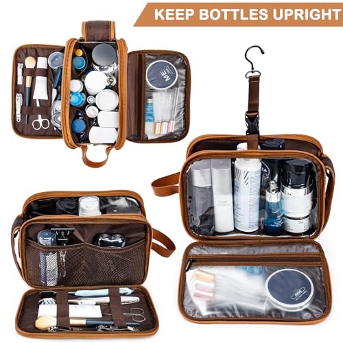 BAGSPRITE Large Toiletry Bag for Men, Women Travel Bag with Hanging Hook, Water-resistant Makeup Cosmetic Bag Shaving Kit Organizer, Bathroom Bag for Traveling - color: Brown