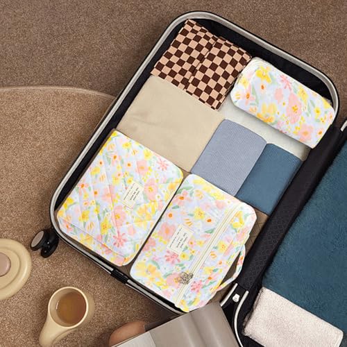 GISMTR 3Pcs Makeup Bag Cotton Quilted Travel Cosmetic Bag Cute Floral Makeup Pouch Large Toiletry Bag for Women Girls - color: Oil painting flowers