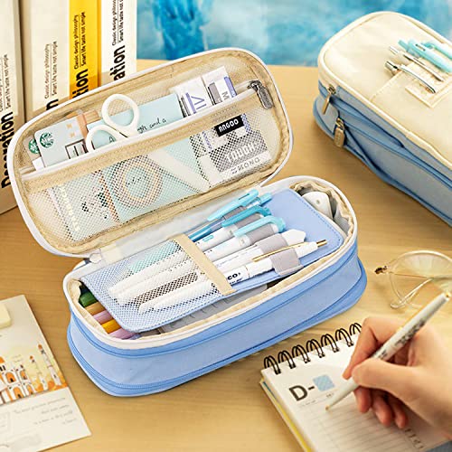 MAMUNU Large Capacity Pencil Case, Expandable Stationery Bag with Zipper Compartments, Aesthetic Pencil Case Pouch for Office College School Students Teen Girls Boys - color: LightBlue