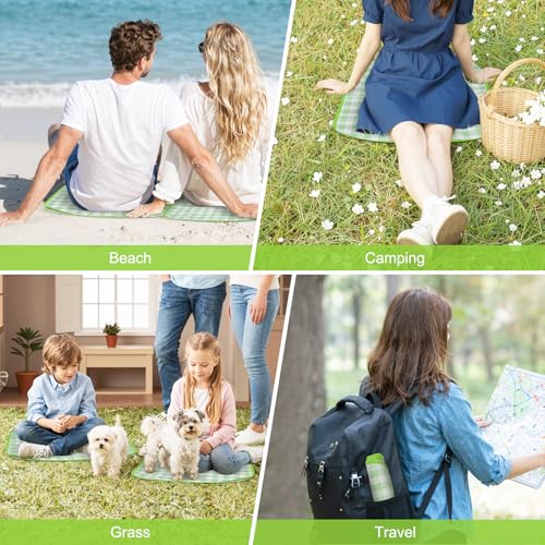 TENOC Small Picnic Blanket 1 Pack for Hiking & Camping, Ultra-Light Foldable Sit Pad for One Person, Waterproof Portable Single Seat Mat for Park, Backpacking & Stadium, Green Grid, 19"x19"