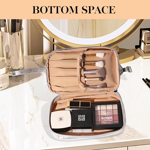 Abiudeng Large Capacity Makeup Bag Ladies Cosmetic Bag Travel Bag with Compartments Portable PU Leather Travel Makeup Bag with Handle - color: Checkerboard-Silver