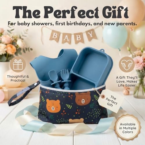 Baby Travel Essentials 6 Pc Silicone Feeding Set - Portable Toddler Plates with Suction, Baby Spoons & Foldable Bib in Carrying Case - BPA-Free Infant & Toddler Utensils for Airplanes & Eating Out - color: Dark Blue