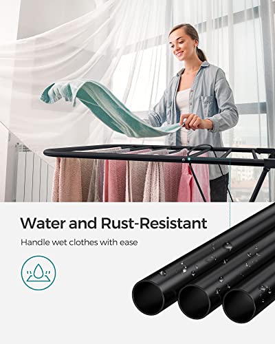 SONGMICS Clothes Drying Rack, Foldable 2-Level Laundry Drying Rack, Free-Standing Laundry Airer, with Height-Adjustable Wings, 33 Drying Rails, Sock Clips, Black ULLR053B01V1 - color: Black, size: 2 Tiers(22"d x 61.8"w x 64.3''h )