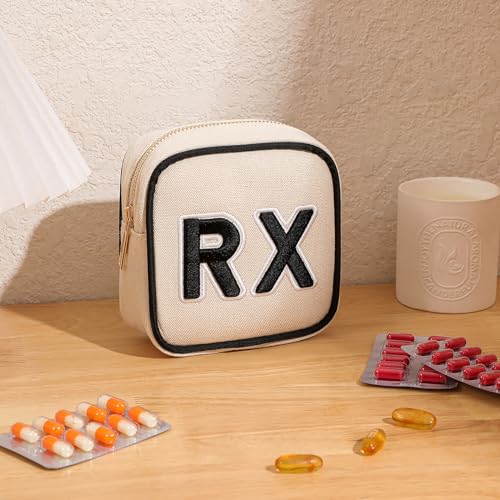 RSRSLEII 2Pcs Small Canvas Rx MEDS Medicine Packages, Cute Chenille Letter Patch Drug Makeup Bag with Metal Zipper, Mini Travel First Aid Purse Organizer Machine Washable (05RX and MEDS) - color: 05RX and MEDS