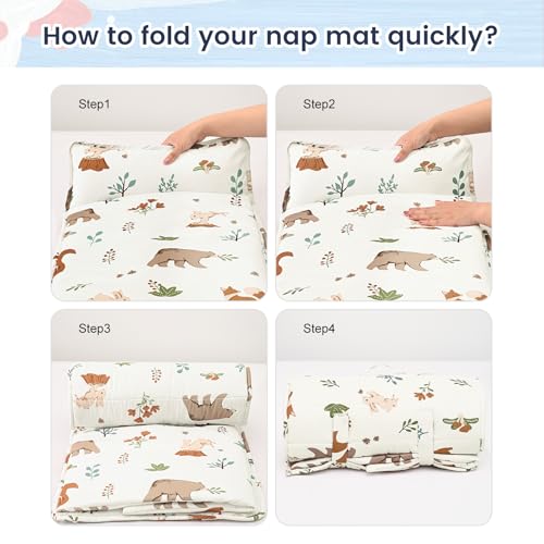 PHF Soft Toddler Nap Mat with Removable Pillow, Rollup Design Kids Sleeping Mat, Slumber Bags for Boys Girls, 50"x20" Toddler Sleeping Bag for Daycare Preschool Travel Camping, Woodland - color: Woodland