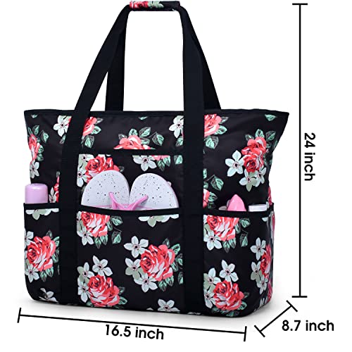 Becokan Beach Bags for Women Large Beach Tote Bag with Zipper Pockets Beach Bag Waterproof Sandproof Travel Nurse Tote Bag - color: Flowers