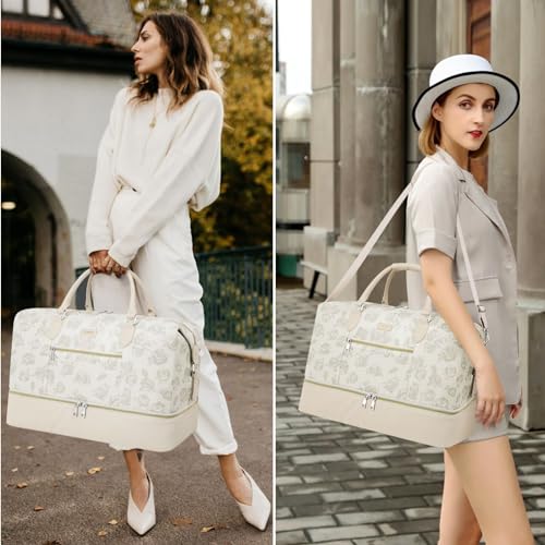 ITIEZY Weekender Overnight Bag for Women - Large Travel Duffel Bag with Shoe Compartment, Gym Duffel Bag Hospital Bag Carry On Tote Bags for Airplanes with Crossbody Bag Toiletry Bag 3Pcs Set - color: 4-Beige Flower