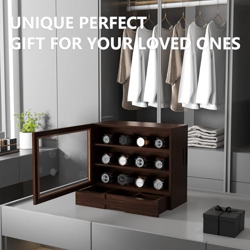 AUTOARK Wooden Watch Sunglass Display Case,12 Watch Box with Jewelry Drawer,Watch Eyeglass Holder with Window,Vertical Storage,Gift Idea,Walnut,AW-185 - color: Walnut