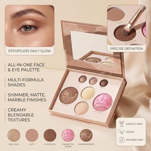 Baked Face and Eye Makeup Palette with Bronzer, Blush, 2 Highlighters & 3 Eyeshadows, Smooth Blendable Powder, Neutral Shades, Travel Compact Gift Set for Women
