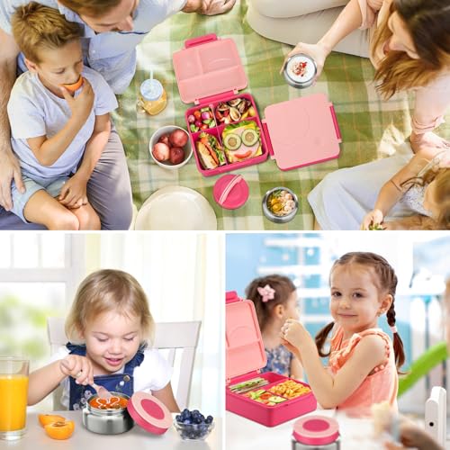 Bento Lunch Box Set for Kids with 8oz Soup Thermo, Leak-Proof Lunch Containers with 4 Compartment, Kids Thermo Hot Food Jar and Insulated Lunch Bag for Kid to School-Pink - color: Pink