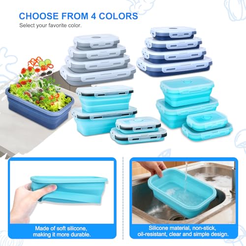 Collapsible Silicone Food Storage Containers 4 Set Airtight Leak Proof Food Containers with Lids Meal Prep for Microwave Freezer Dishwasher for Kitchen Camping Office Sky Blue - color: Sky blue