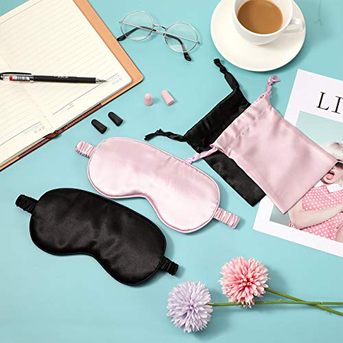 Silk Satin Sleeping Mask Eye Mask Set Include 2 Blindfold Eyeshade Elastic Strap Double Layer Silk Filling Eye Cover 2 Ear Plugs 2 Storage Bags for Women and Men Sleep Travel Nap (Black, Pink) - color: Black, Taro Purple