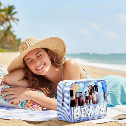 Sanwuta Seersucker Beach Bag Chenille Letter Clear Sunscreen Makeup Bag with Handle and Zipper Seersucker Stripe Preppy Women Cosmetic Pouch for Storage Travel Organizer(Blue) - color: Blue, style: Beach