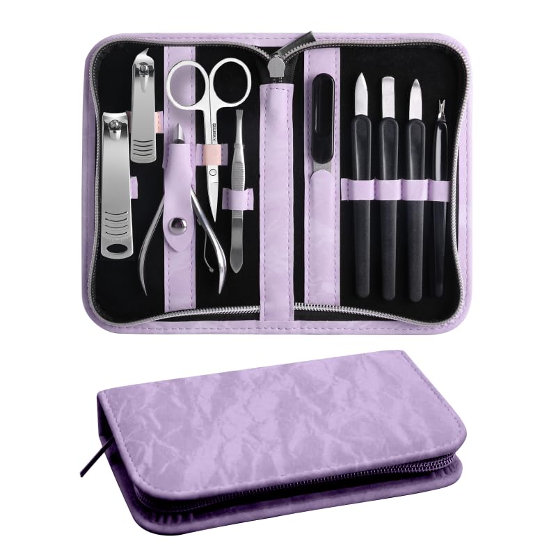 Manicure Pedicure Set, Nail Clipper Set 10-Piece Set Professional Manicure Kit Stainless Steel Nail Kit with Portable Leather Travel Case Gift for Men Boyfriend Parent (purple) - color: Purple