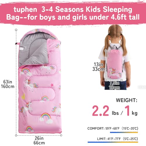 tuphen Kids Sleeping Bag - 50-77℉ 3-Season Waterproof Sleeping Bag for Boys & Girls, Lightweight 2.2 lbs Camping Gear with Compression Bag Ideal for Camping, Hiking, Indoor - color: Pink