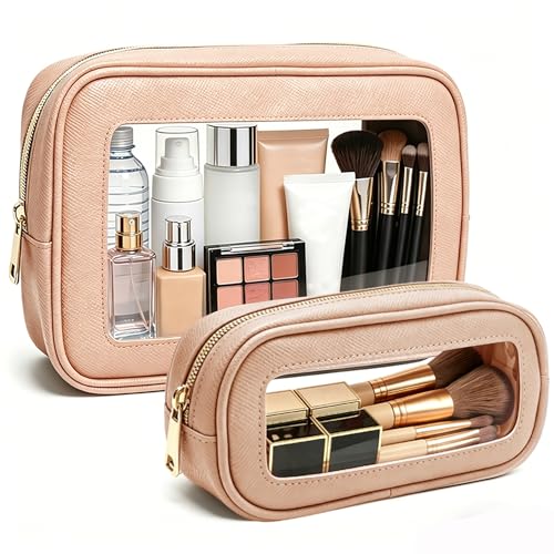 2Pcs Clear Makeup Bags Set - Portable Clear Cosmetic Bag Case Travel Makeup Brush Bag Waterproof Makeup Pouch TSA Approved Toiletry Bag Car Organizer Bag for Women (Dusty Pink Set) - color: Dusty Pink Set