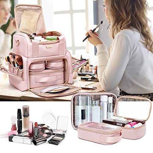 Large Makeup Cosmetic Bag with 3 Removable Case, Double Layer Travel Makeup Organizer Case with Inner Dividers and Makeup Brushes Storage Section, Pink (Patented Design) - color: Pink