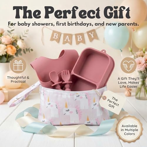 Baby Travel Essentials 6 Pc Silicone Feeding Set - Portable Toddler Plates with Suction, Baby Spoons & Foldable Bib in Carrying Case - BPA-Free Infant & Toddler Utensils for Airplanes & Eating Out - color: Dark Pink