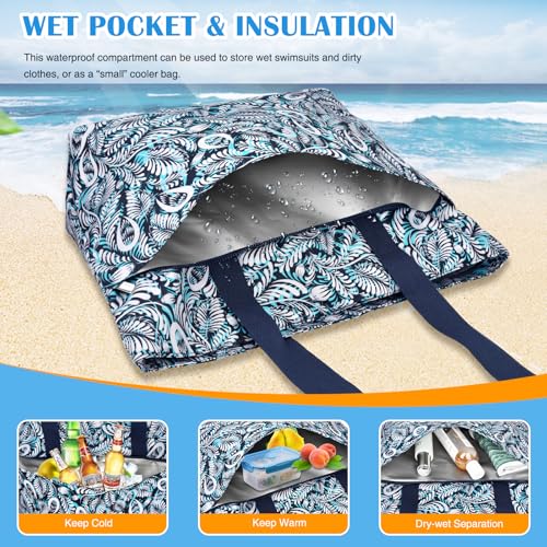 HUANLANG Large Beach Bags for Women Pool Bag with Zipper, Waterproof Sandproof Beach Tote Travel Bag with Wet Pocket - color: Blue Floral