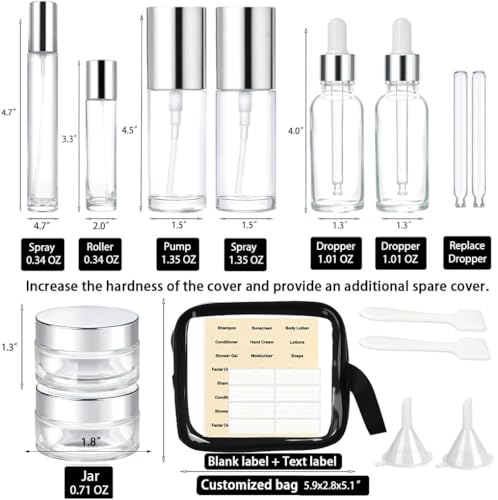 18Pack Glass Travel Bottles for Toiletries, TSA Approved Glass Travel Containers 1.35/0.7/1 oz Silver Small Travel Bottles with Label, BPA Free Leak Proof with Pump Spray Bottles for Makeup, Skincare - color: Silver-transparent glass