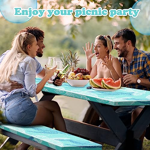 Boao 3 Pcs Vinyl Picnic Table Cover with Bench Cover 6 ft 30 x 72 Inch Waterproof Fitted Tablecloth Flannel Backing Rectangular Elastic Edged for Camping Outdoor Patio Travel(Turtle) - color: Turtle
