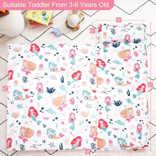 PHF Soft Toddler Nap Mat with Removable Pillow, Rollup Design Kids Sleeping Mat, Slumber Bags for Girls, 50"x20" Toddler Sleeping Bag for Daycare Preschool Travel Camping, Mermaid - color: Mermaid