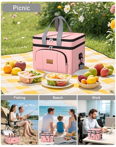 Rnivvi Lunch Box for Women, Double Decker Insulated Cooler Bag Lunch Bag Reusable Leakproof Tote Lunch Container with Strap for Work Family Picnic Hiking Camping, 18 Cans 12L, Large Adults, Rose Pink - color: Rose Pink