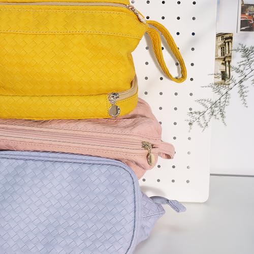 Abiudeng Large Capacity Makeup Bag Ladies Cosmetic Bag Travel Bag with Compartments Portable PU Leather Travel Makeup Bag with Handle - color: Lozenge-Yellow
