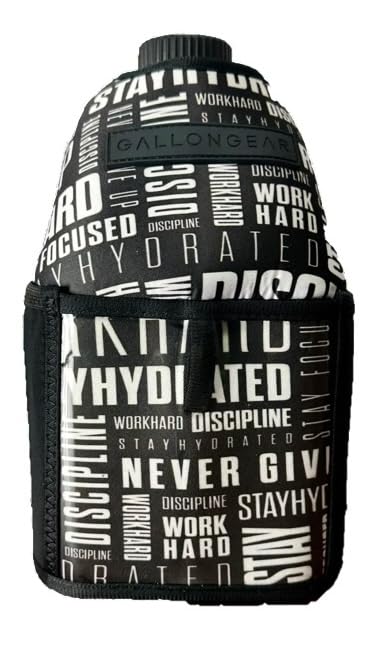 Half-Gallon Fitness Hydration Cover | Neoprene Insulated Cooling & Portable Gym Water Bottle Carrier | CASE with Storage Pockets - color: MOTIVATION BLACK/WHITE