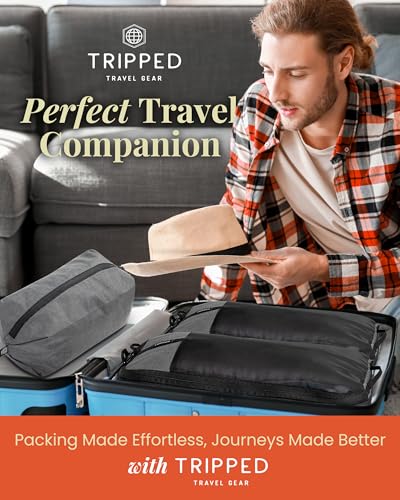 Compression Packing Cubes for Travel by TRIPPED – 6-Piece Premium Set with Laundry & Shoe Bag, Space Saving Travel Organizer Bags for Suitcase & Carry-On Luggage (Grey Mesh) - color: Grey Mesh - 6 Piece