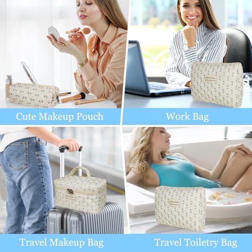 Gosect Quilted Makeup Bag, Large Floral Cosmetic Bag for Women, Cute Cotton Makeup Bag, Flower Travel Toiletry Organizer Bag (Flower) - color: Flowers