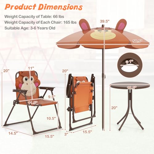 HONEY JOY Kids Picnic Table, Animal Themed Toddler Outdoor Table and Chair Set, 2 Folding Chairs & Removable Umbrella, Children Outdoor Furniture for Backyard Patio Garden (Brown Monkey) - color: Brown Monkey