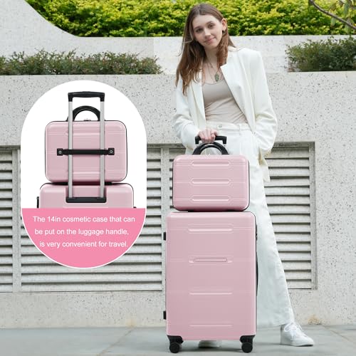 Merax Luggage Set 6 Piece,Lightweight Hardshell Suitcase with Double Spinner Wheels Handle Password Lock,14 IN Cosmetic Case 20/24/28 IN Luggages with Duffel Bag and Toiletry Bag,Pink - color: Pink, style: 14+20+24+28+bags