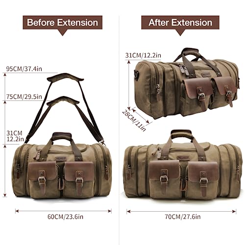Wildroad 60L Travel Duffel Bag, Expandable Canvas Genuine Leather Duffle Bag Upgraded Overnight Weekender Bag Carry on Bag (Coffee, X Large-60L) - color: Coffee, size: X Large-60L Duffle Bag
