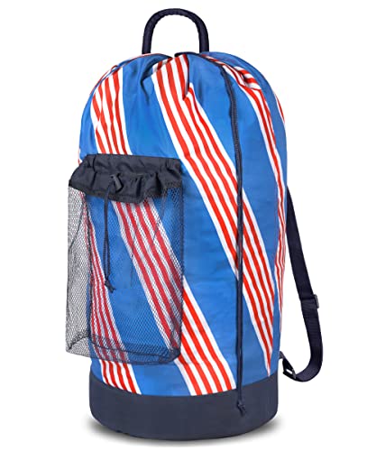 Dalykate Backpack Laundry Bag with Shoulder Straps and Mesh Pocket Durable Nylon Clothes Hamper Bag with Drawstring Closure for College, Travel, Laundromat, Apartment - color: Stripe Blue